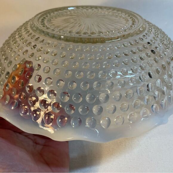 Vintage Fenton Clear Glass Ruffled Edge Opalescent opalite Hobnail 9 “ Bowl - Picture 7 of 9